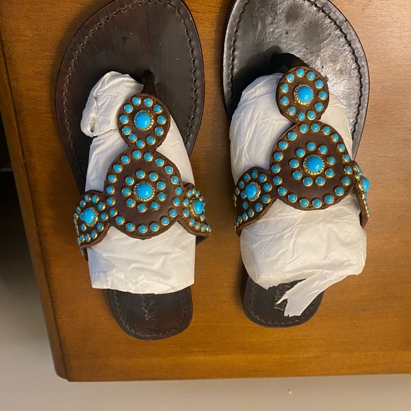 Mystique Boutique Brown Sandals with Turquoise Embellishments - Picture 2 of 2